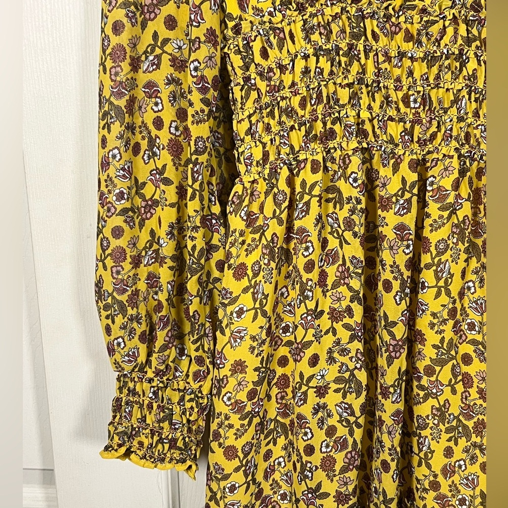 Max Studio ❤️ Yellow Floral Smocked Waist Mini Dress Boho Long Sleeve M - Picture 5 of 9